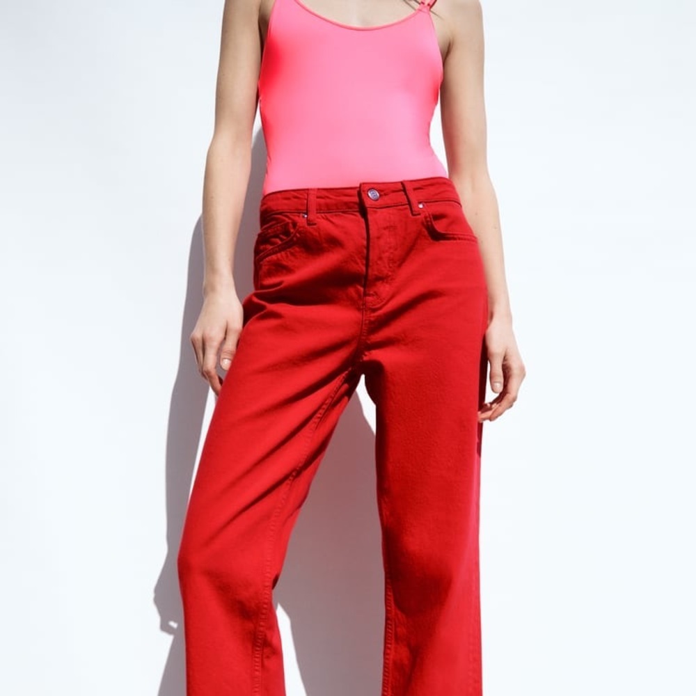 Zara Red Mid Rise Straight Jeans